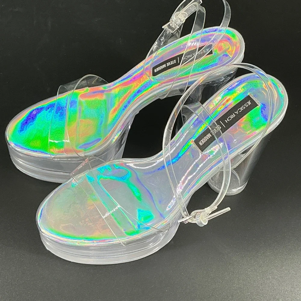 Jessica Rich x Steve‎ Madden Size 9 Clear Holographic Platform Heels NEW Nova
